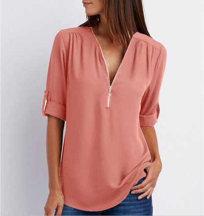 Zip V-neck Short Sleeve Loose Tops