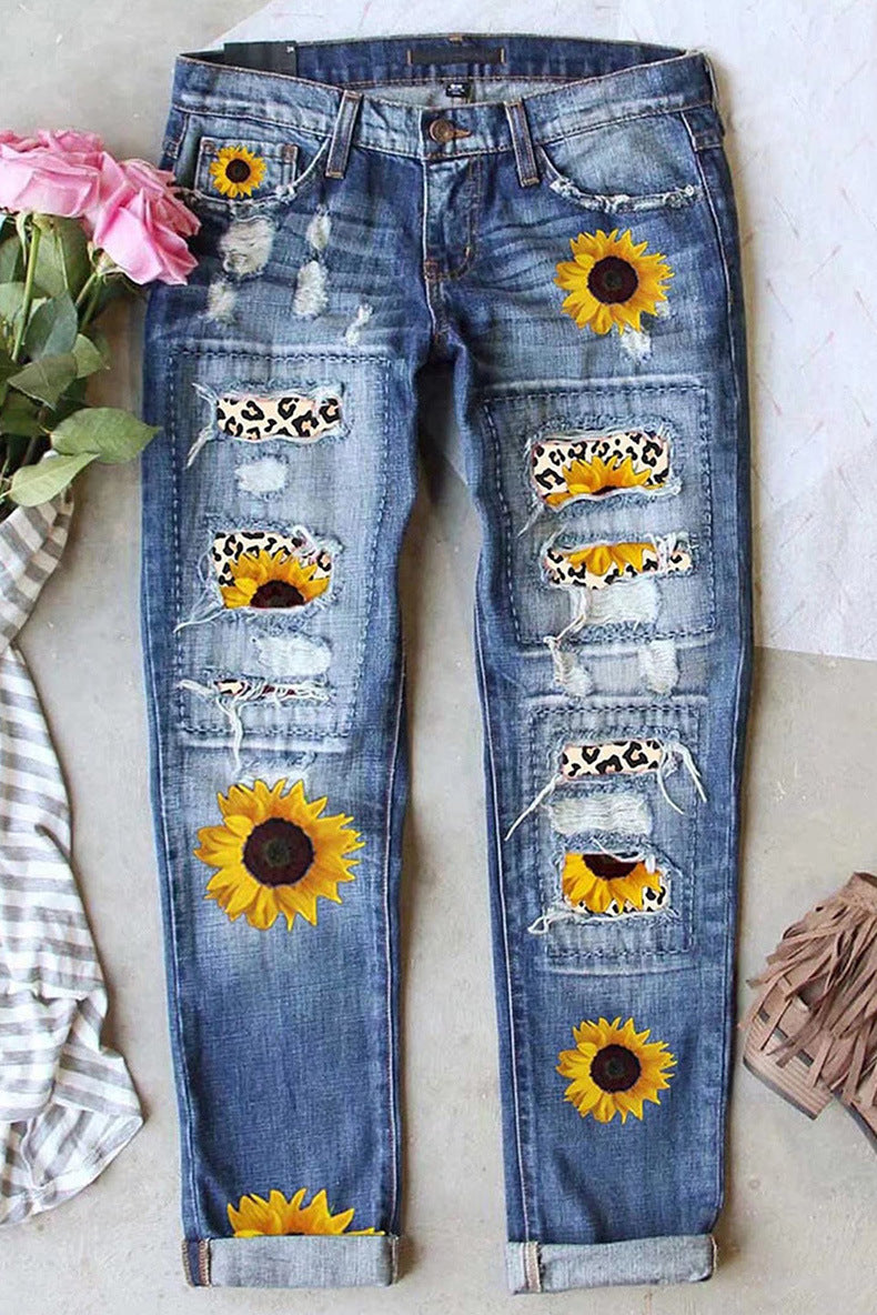 Woman's Middle In Ripped Printed Jeans