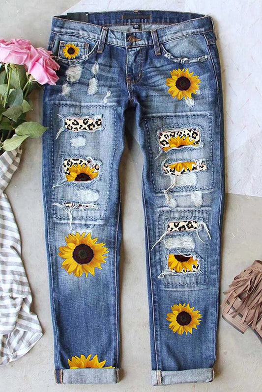 Woman's Middle In Ripped Printed Jeans