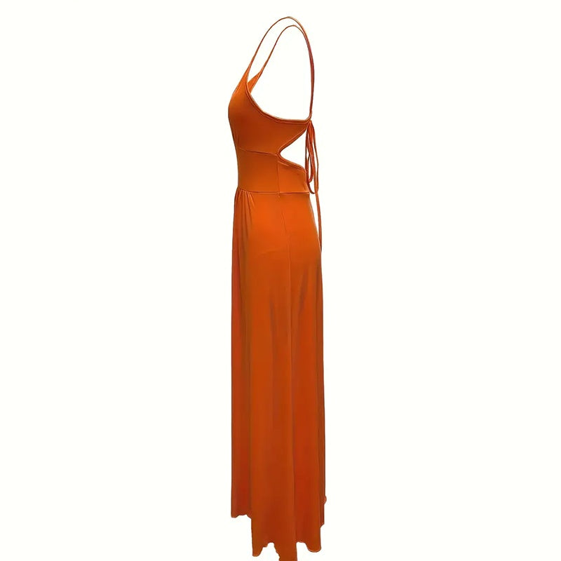 Women's Deep V Neck Maxi Dress Spaghetti Strap Sleeveless Backless High Slit Long Dress
