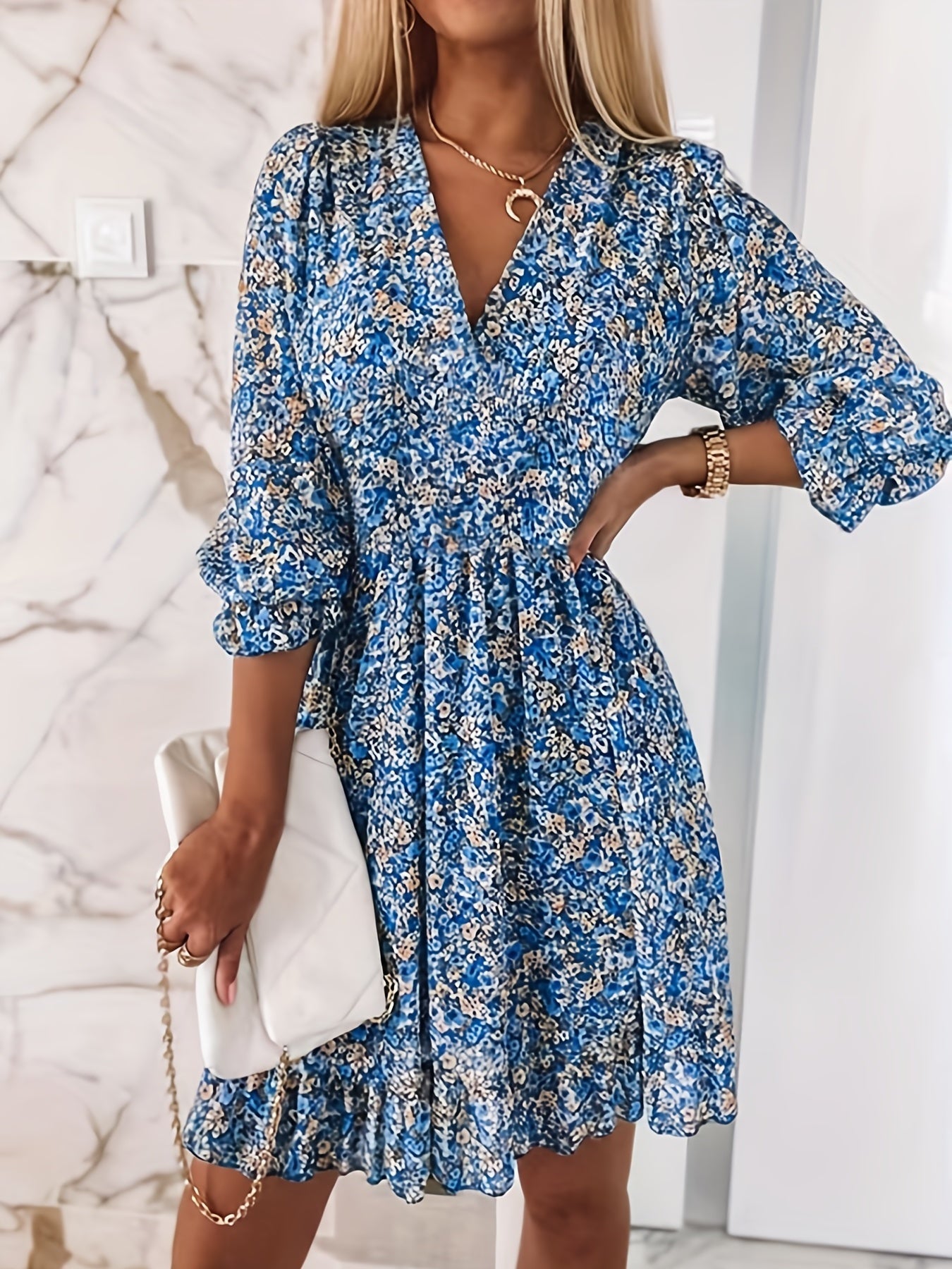 V-neck Printed Dress With Ruffled Sleeves And Waist-exquisite
