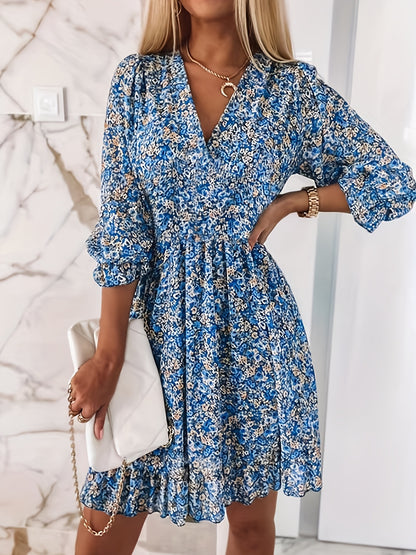 V-neck Printed Dress With Ruffled Sleeves And Waist-exquisite