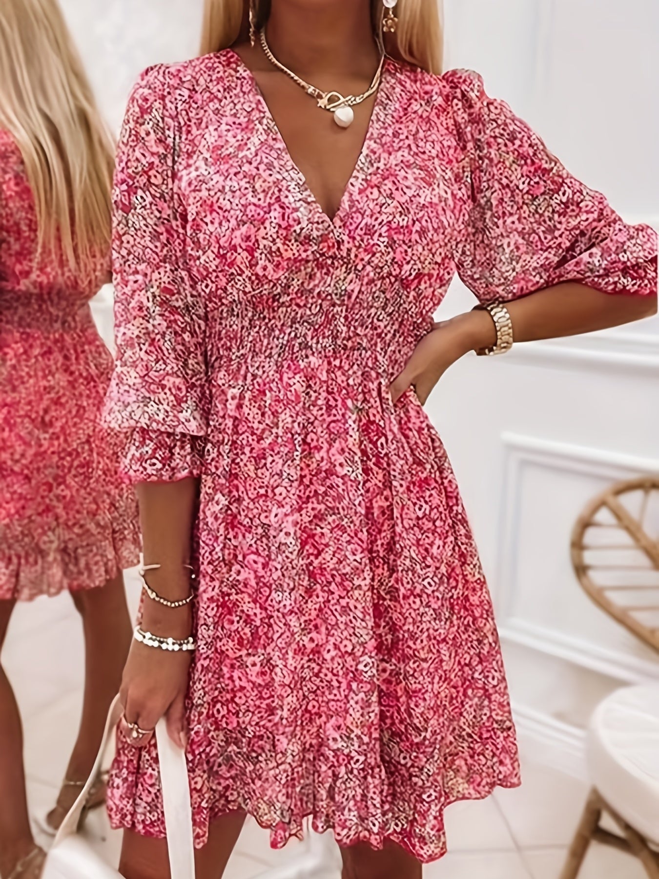 V-neck Printed Dress With Ruffled Sleeves And Waist-exquisite