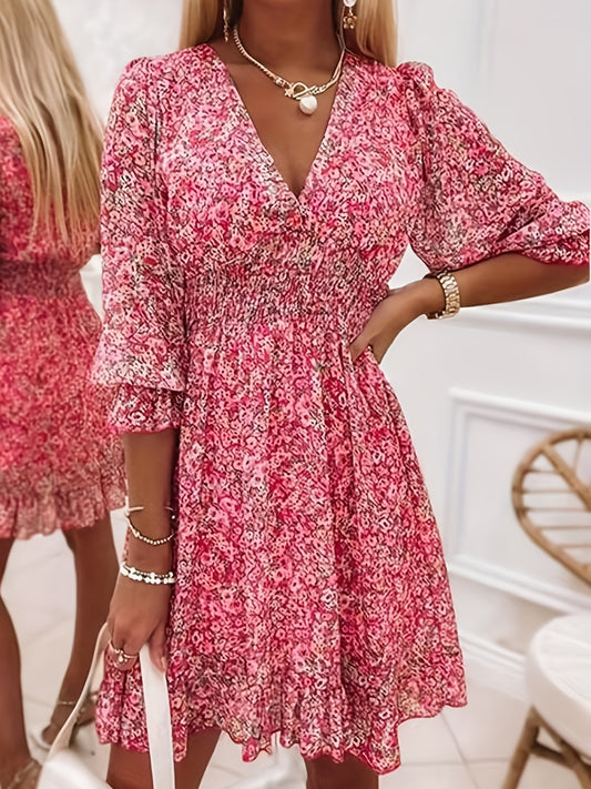 V-neck Printed Dress With Ruffled Sleeves And Waist-exquisite