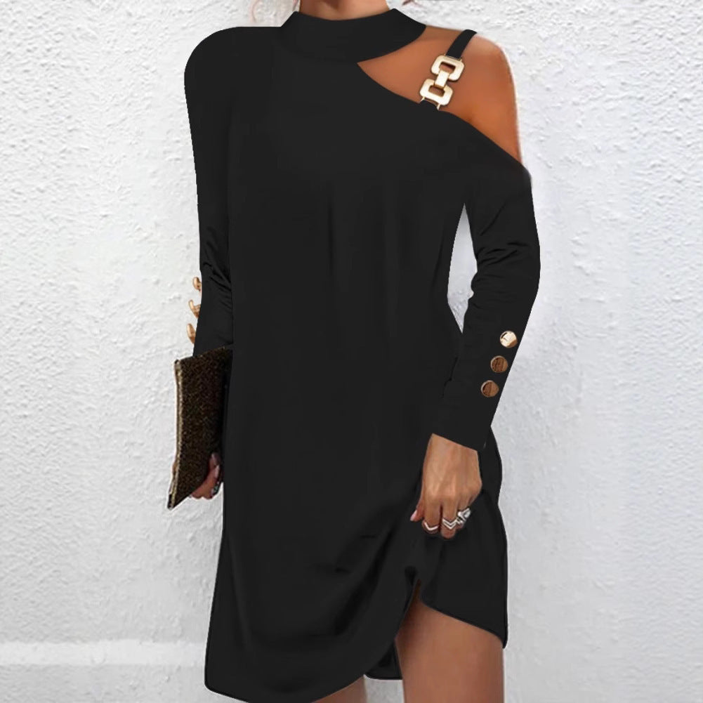 Stylish And Simple Personality Metal Buckle Halter Dress