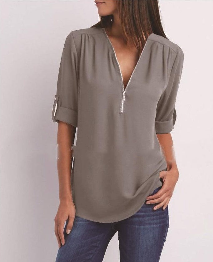 Zip V-neck Short Sleeve Loose Tops