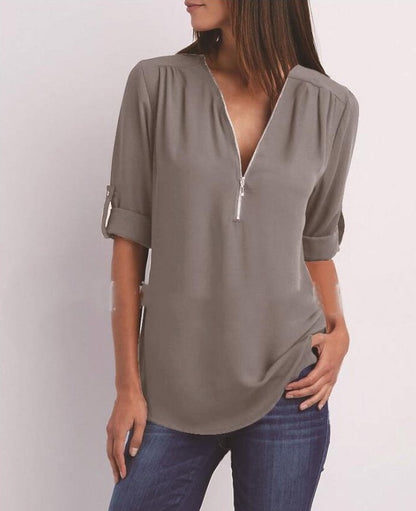 Zip V-neck Short Sleeve Loose Tops