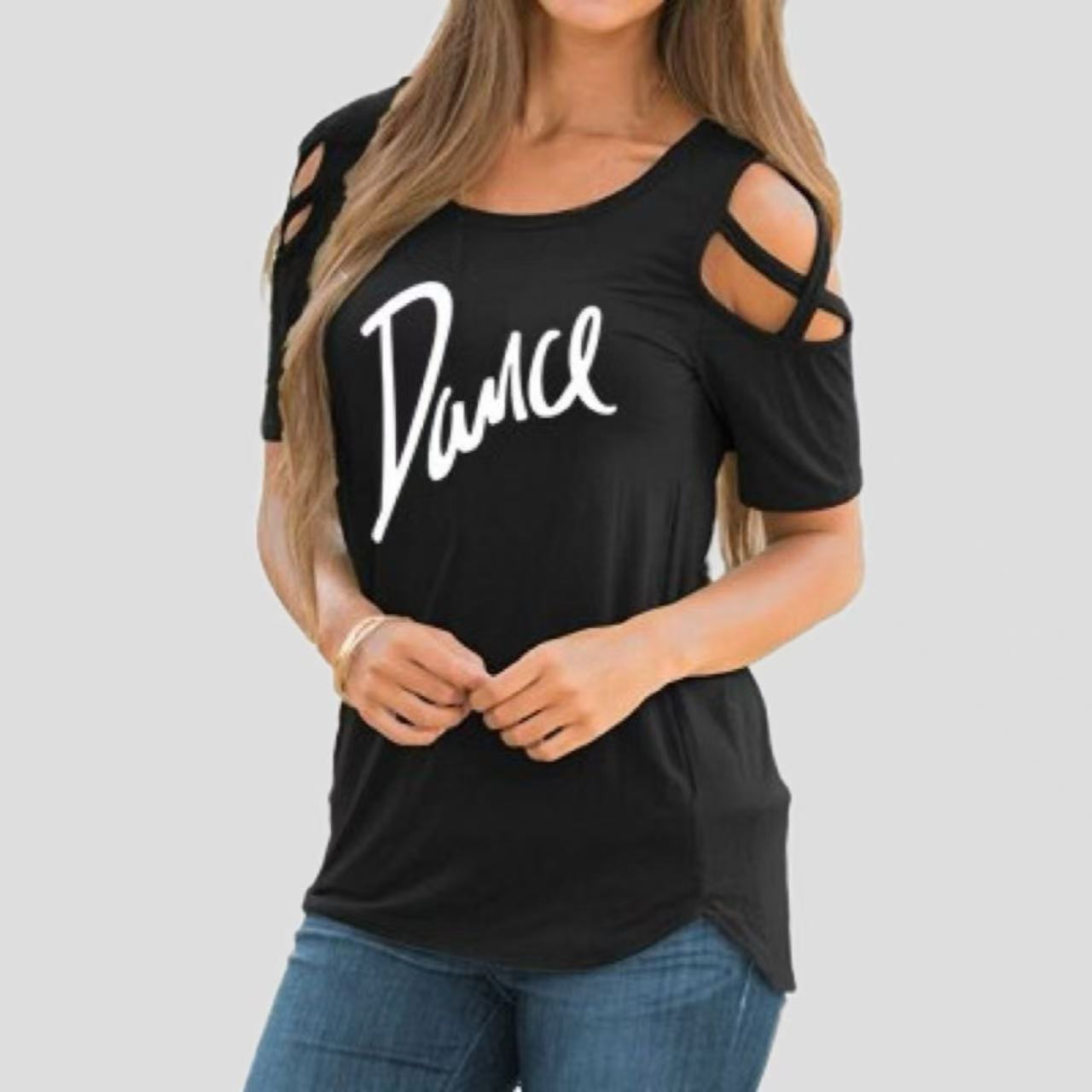 Solid Color Short Sleeve Ripped Shoulder Lace-up