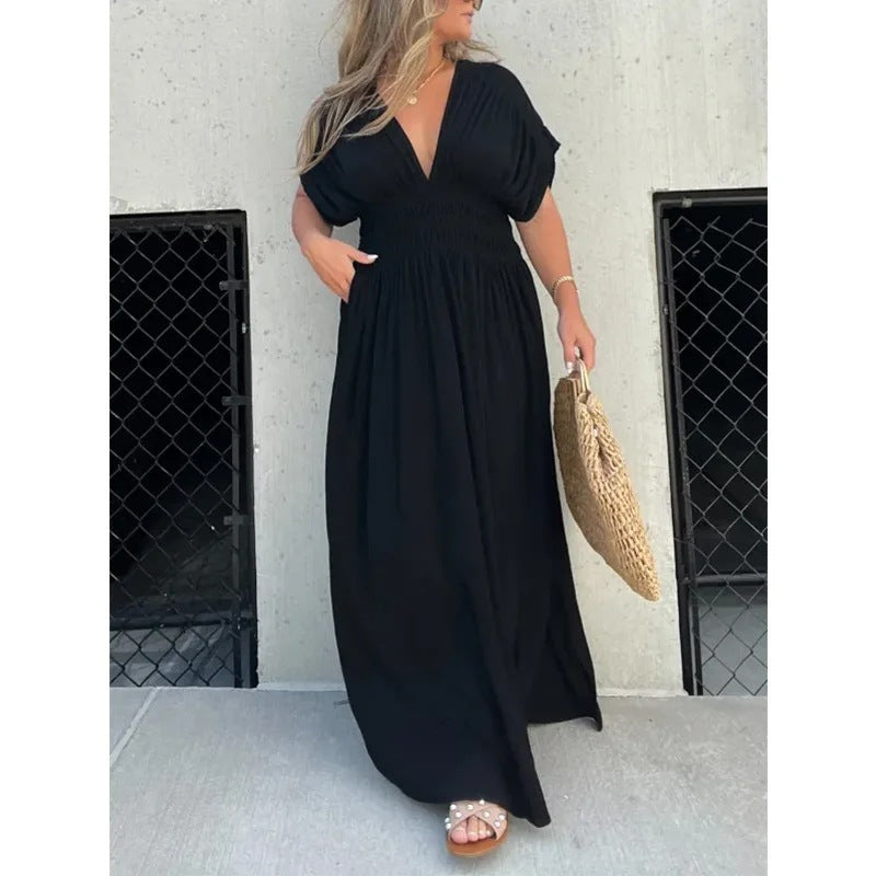 Fashion Bat-sleeved V-neck Slit Dress Summer Short Sleeve