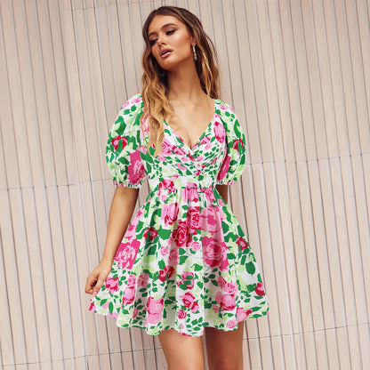 Flowers Print V-Neck Lantern-sleeve Dress Y2K Summer Vacation Beach Short Dresses