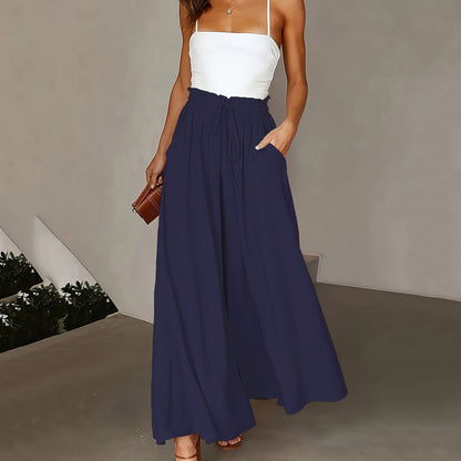 Plus Size Wide Leg Pants - Stylish Solid Paper Bag Waist Design