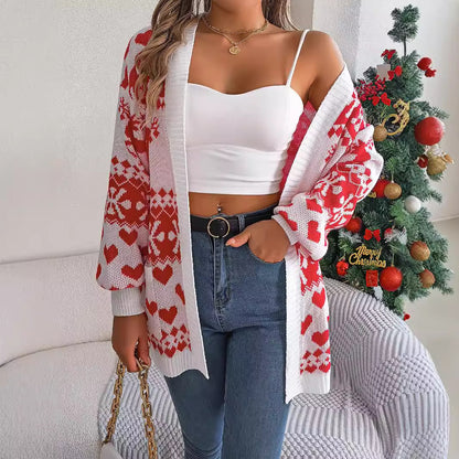 Open Front Cardigan Knitwear Xmas Printed Deer Sweater