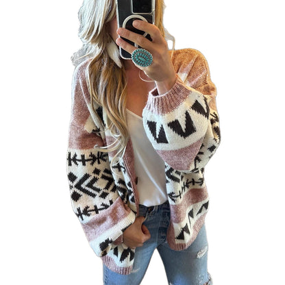 Loose And Lazy Style Jacquard Knitted Cardigan Sweater