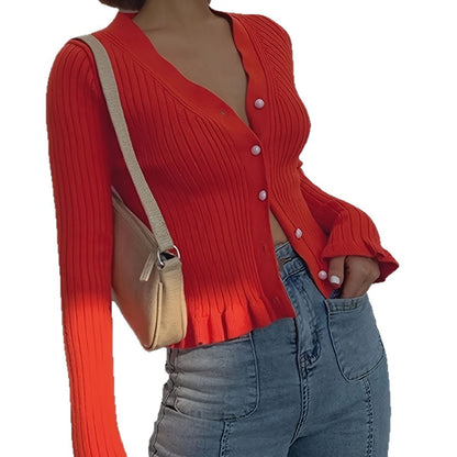 Women's V-neck Flounce Knitted Cardigan Sweater