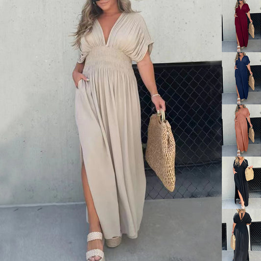 Fashion Bat-sleeved V-neck Slit Dress Summer Short Sleeve