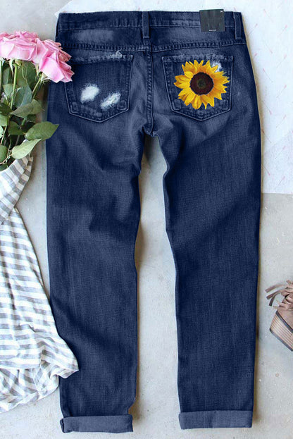 Woman's Middle In Ripped Printed Jeans
