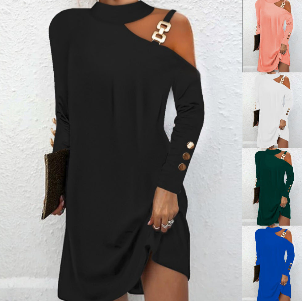 Stylish And Simple Personality Metal Buckle Halter Dress