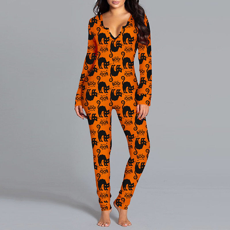 Halloween Printed Jumpsuit Long Sleeve Home Pajamas Casual Trousers