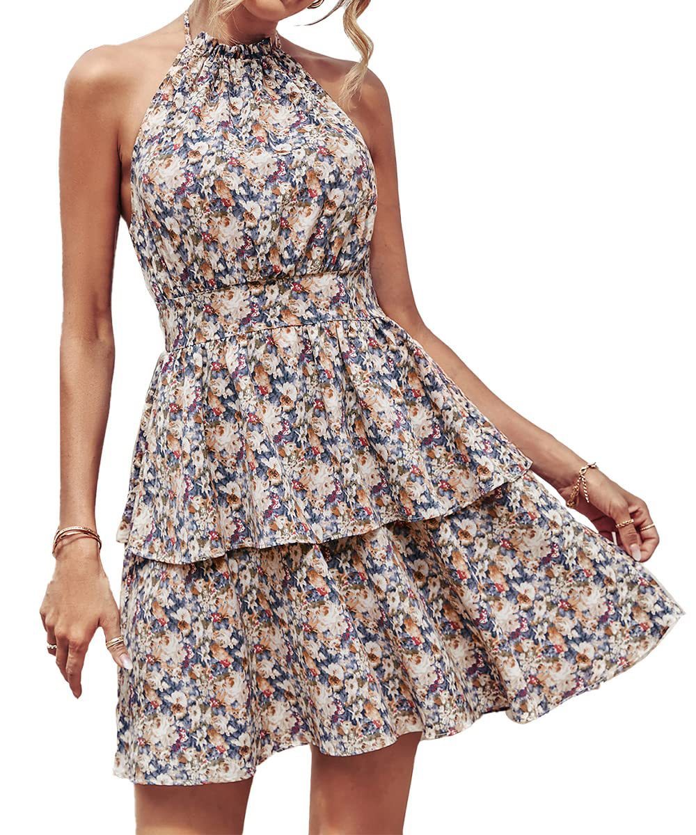 Printed Halter Dress Fashion Boho Backless Ruffled A-Line Beach Dresses