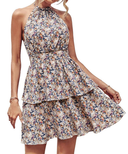 Printed Halter Dress Fashion Boho Backless Ruffled A-Line Beach Dresses