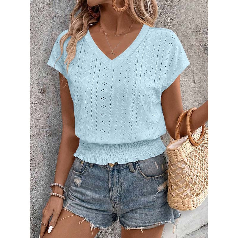 Women Summer Eyelet Top Casual V Neck Short Sleeve Smocked Shirt
