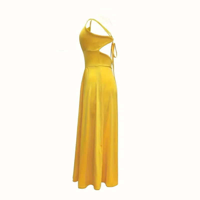 Women's Deep V Neck Maxi Dress Spaghetti Strap Sleeveless Backless High Slit Long Dress