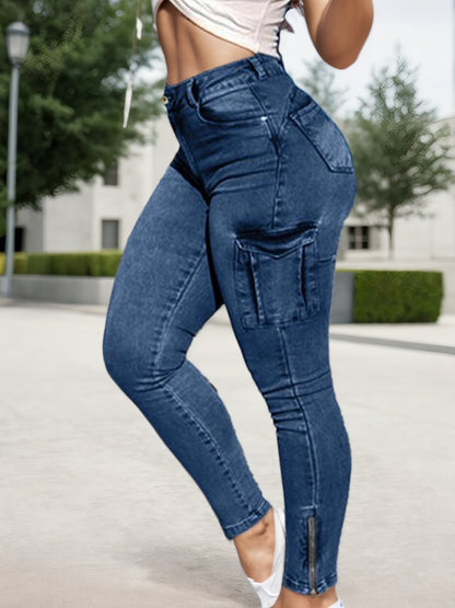 Multi-pocket High-stretch Mid-rise Zipper-hem Skinny Pencil Pants, Urban Style Women's Jeans And Clothing Cargo Jeans