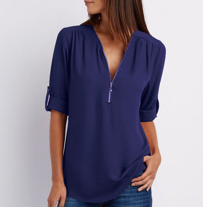 Zip V-neck Short Sleeve Loose Tops