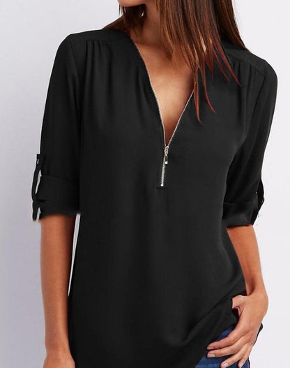 Zip V-neck Short Sleeve Loose Tops