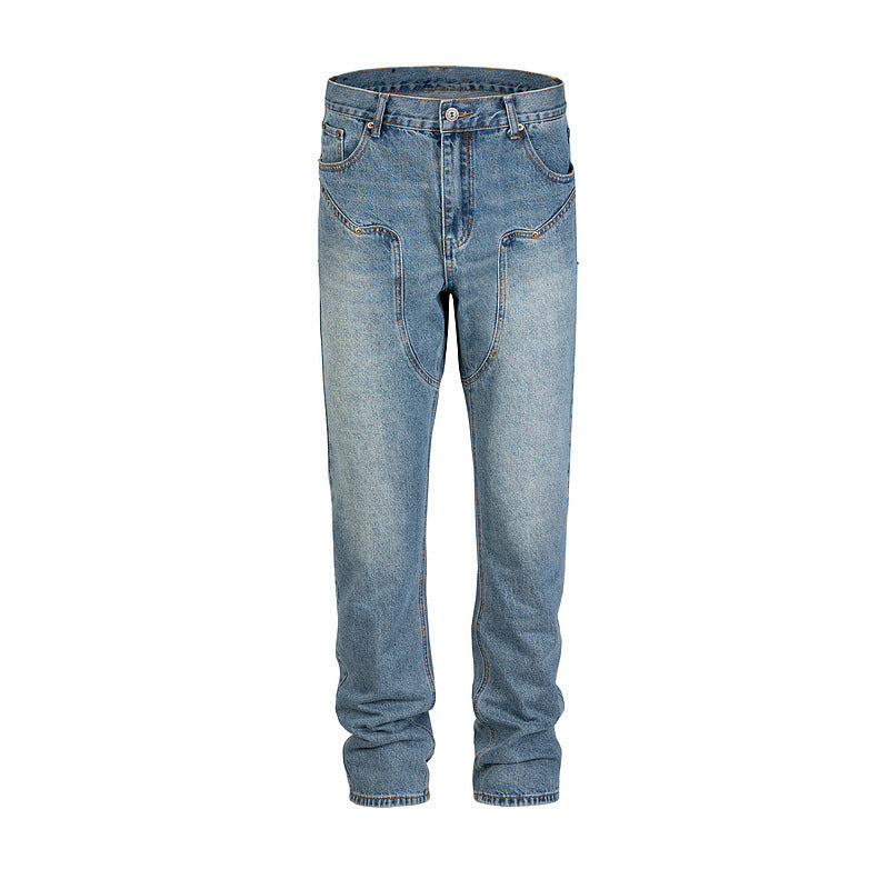 Straight Slim Jeans With Washed Old Blue Stitching