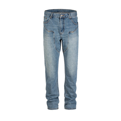 Straight Slim Jeans With Washed Old Blue Stitching