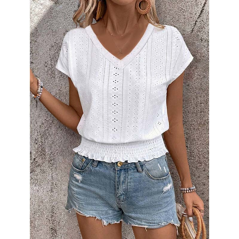 Women Summer Eyelet Top Casual V Neck Short Sleeve Smocked Shirt