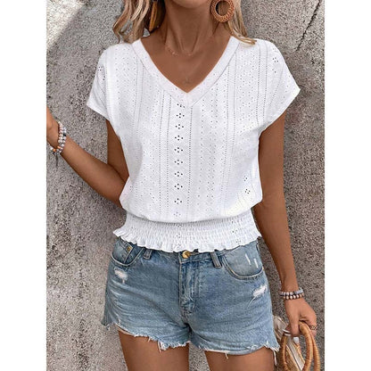 Women Summer Eyelet Top Casual V Neck Short Sleeve Smocked Shirt