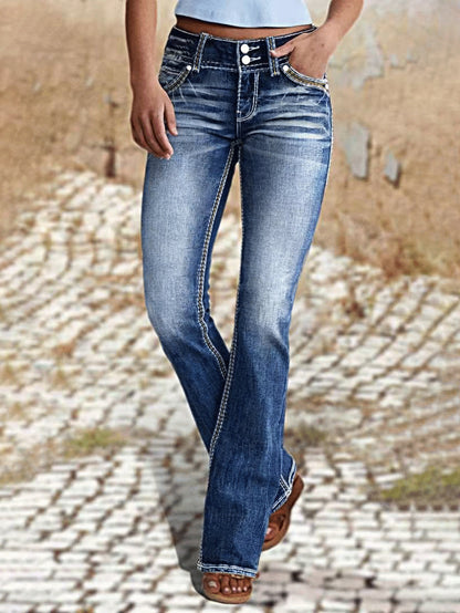 Mid Waist Stretch Washed Jeans Simple Slim Fit