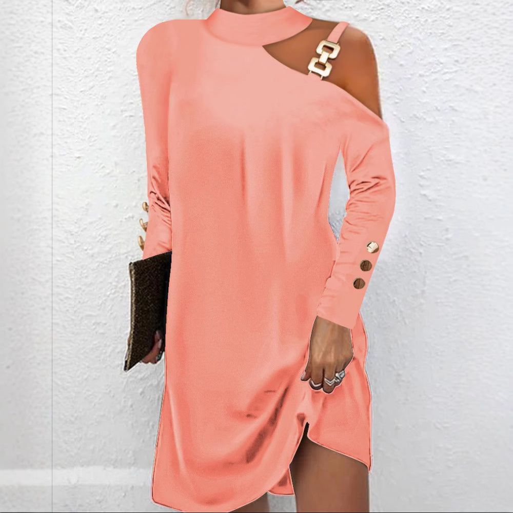 Stylish And Simple Personality Metal Buckle Halter Dress
