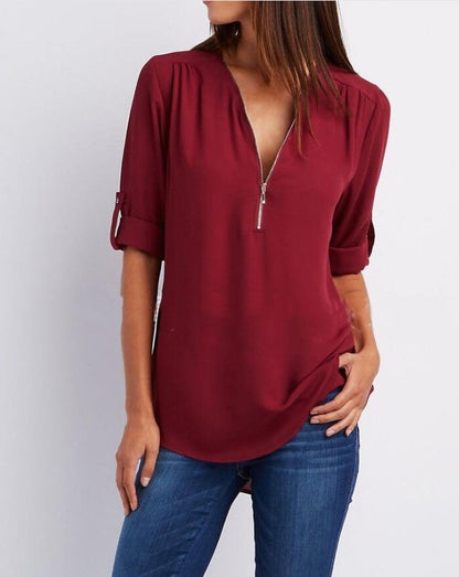Zip V-neck Short Sleeve Loose Tops