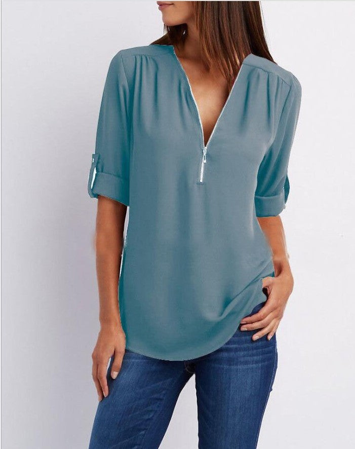 Zip V-neck Short Sleeve Loose Tops