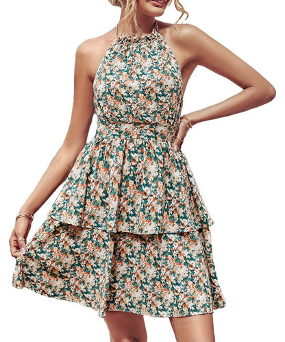 Printed Halter Dress Fashion Boho Backless Ruffled A-Line Beach Dresses