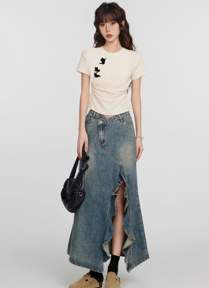 White Cat Round Neck Shoulder Short Sleeve shirt