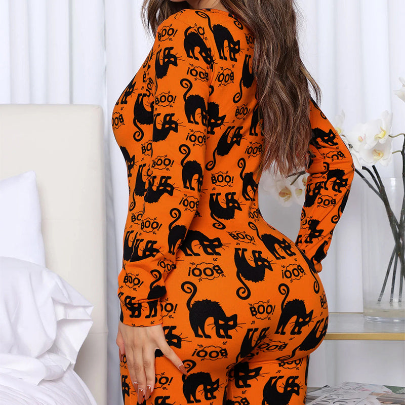 Halloween Printed Jumpsuit Long Sleeve Home Pajamas Casual Trousers