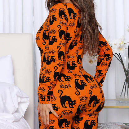 Halloween Printed Jumpsuit Long Sleeve Home Pajamas Casual Trousers