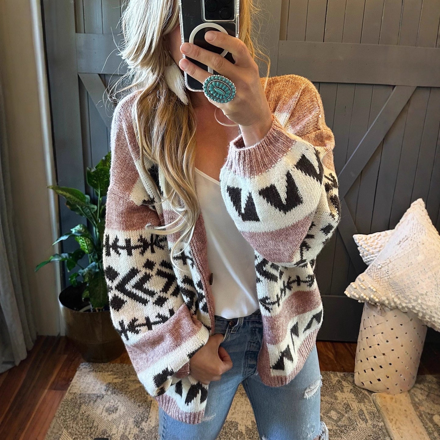Loose And Lazy Style Jacquard Knitted Cardigan Sweater