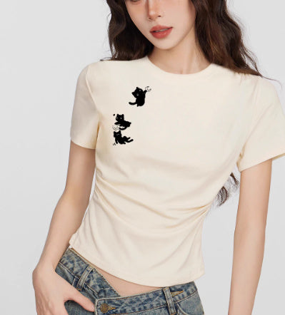 White Cat Round Neck Shoulder Short Sleeve shirt