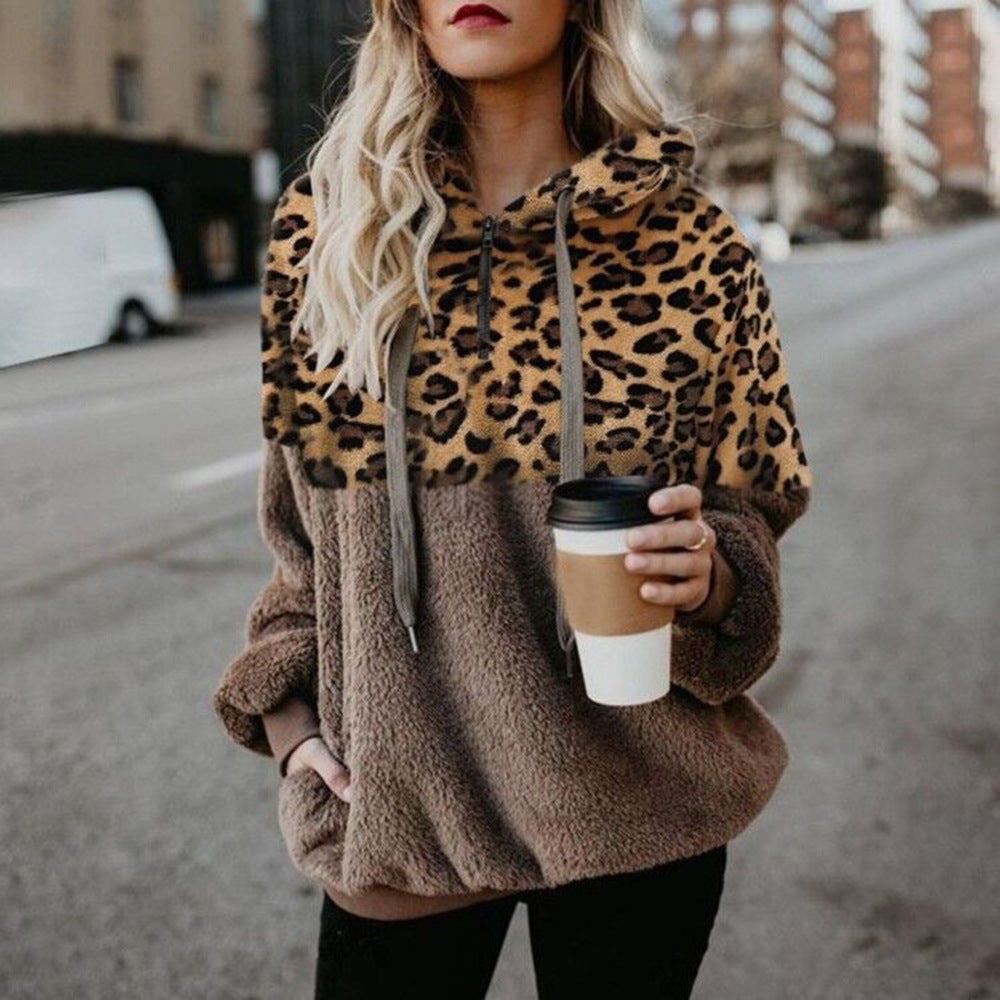 Leopard Print Hooded Sweater Loose Fall Winter Women top