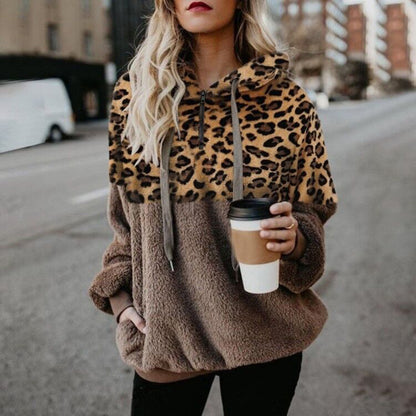 Leopard Print Hooded Sweater Loose Fall Winter Women top