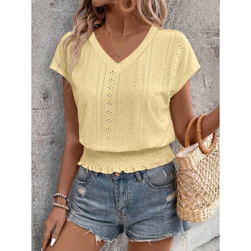 Women Summer Eyelet Top Casual V Neck Short Sleeve Smocked Shirt