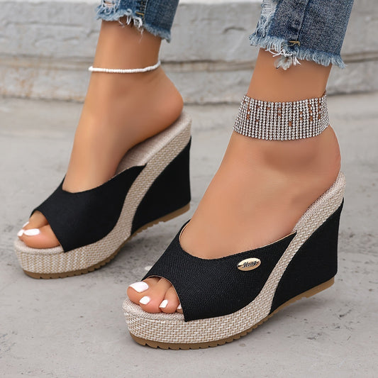 Women's Black Wedge Sandals With Buckle Details