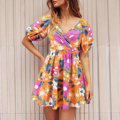 Flowers Print V-Neck Lantern-sleeve Dress Y2K Summer Vacation Beach Short Dresses