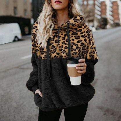 Leopard Print Hooded Sweater Loose Fall Winter Women top