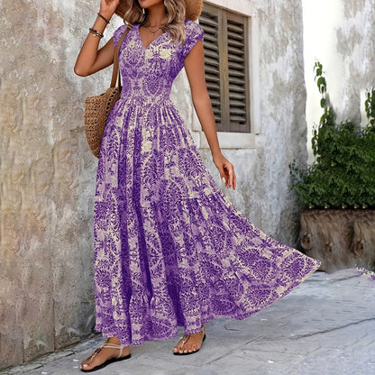 Women's  V-Neck Short Sleeve Maxi Dress Summer Prints And Flowy Big Hem Beach Dresses